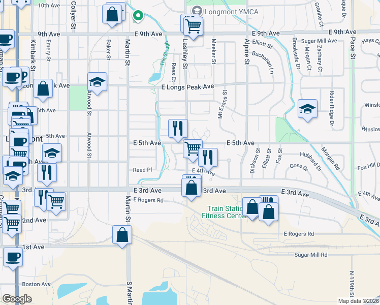 map of restaurants, bars, coffee shops, grocery stores, and more near 148 East 5th Avenue in Longmont