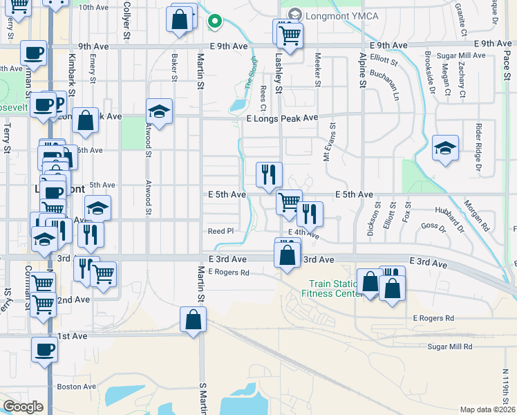 map of restaurants, bars, coffee shops, grocery stores, and more near 112 East 5th Avenue in Longmont