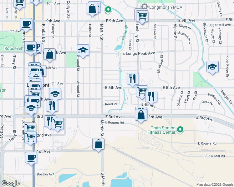 map of restaurants, bars, coffee shops, grocery stores, and more near 34 East 5th Avenue in Longmont