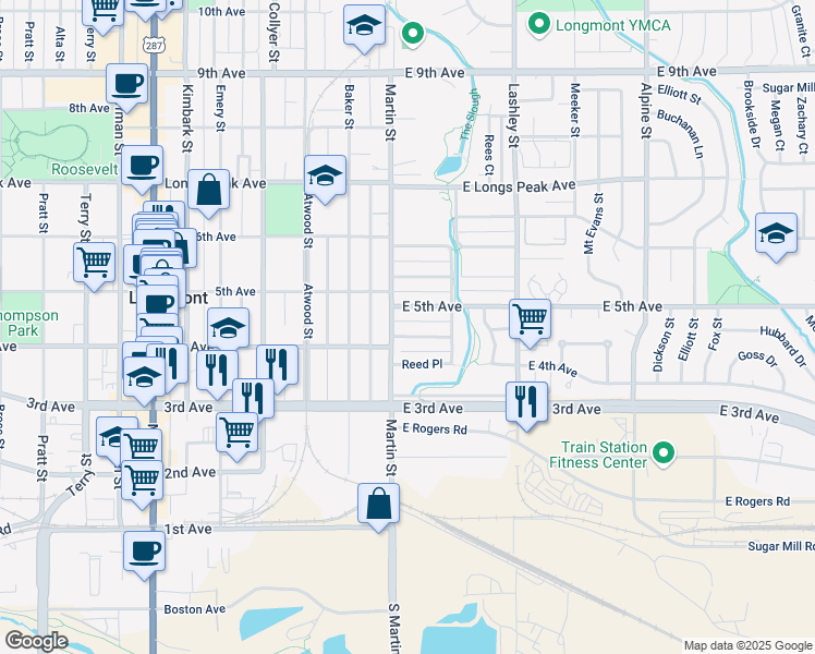 map of restaurants, bars, coffee shops, grocery stores, and more near 4 East 5th Avenue in Longmont