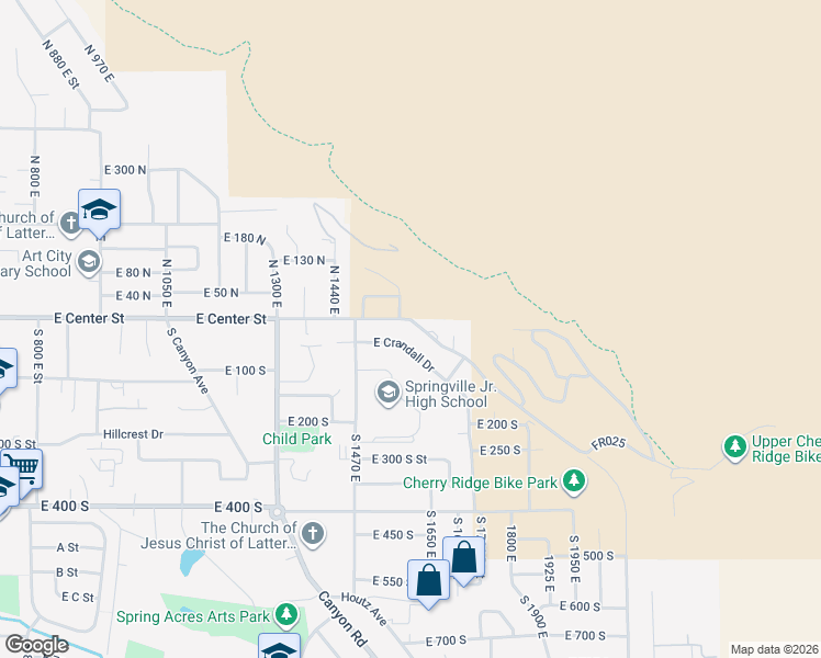 map of restaurants, bars, coffee shops, grocery stores, and more near 38 North 1540 East Street in Springville