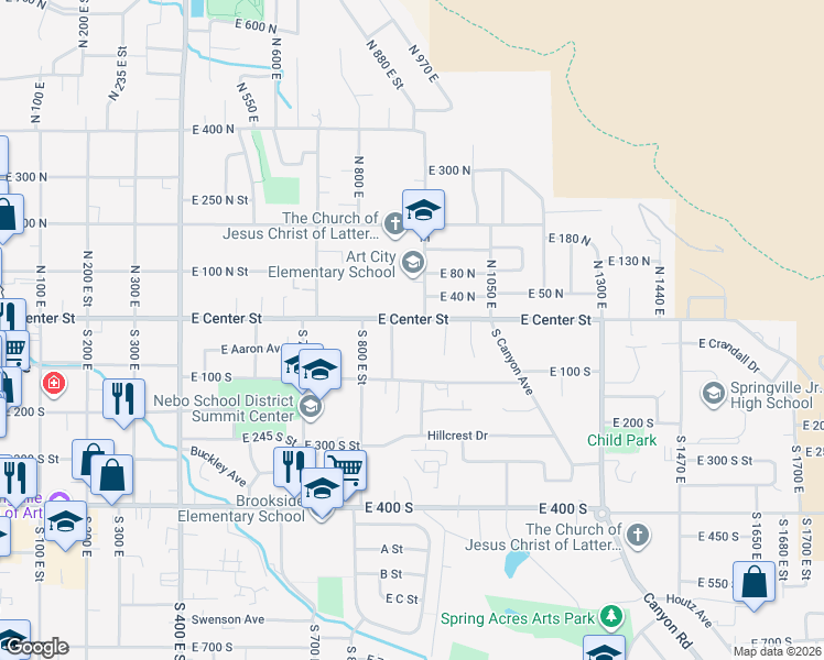 map of restaurants, bars, coffee shops, grocery stores, and more near 895 East Center Street in Springville