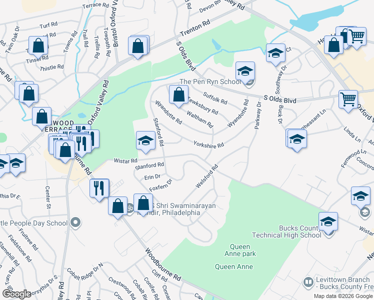 map of restaurants, bars, coffee shops, grocery stores, and more near 214 Yorkshire Lane in Fairless Hills