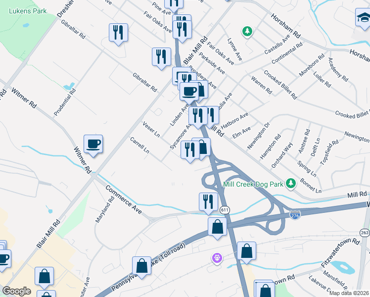 map of restaurants, bars, coffee shops, grocery stores, and more near 1511 Sycamore Avenue in Willow Grove