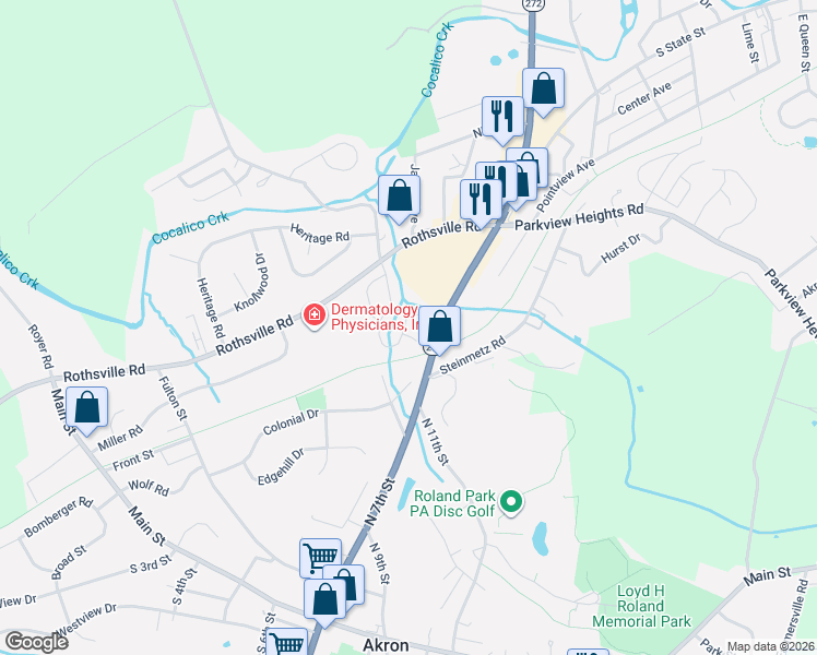 map of restaurants, bars, coffee shops, grocery stores, and more near 111 Westbrook Drive in Ephrata