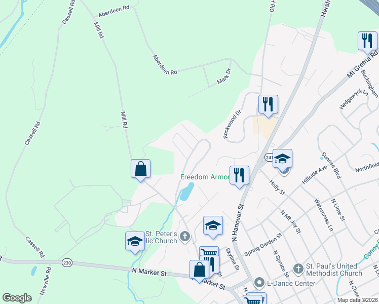 map of restaurants, bars, coffee shops, grocery stores, and more near 70 Rainbow Circle in Elizabethtown