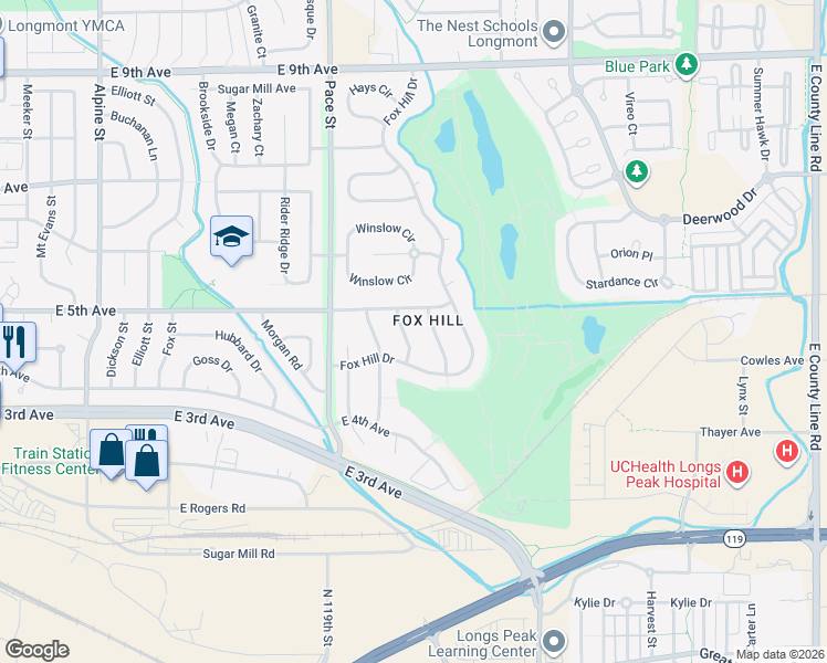 map of restaurants, bars, coffee shops, grocery stores, and more near 485 Greenwood Lane in Longmont