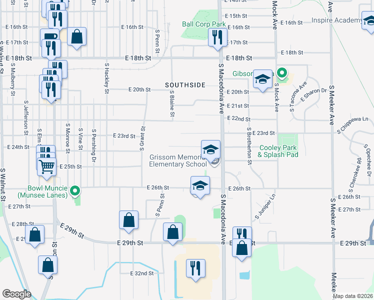 map of restaurants, bars, coffee shops, grocery stores, and more near 1504 East 24th Street in Muncie
