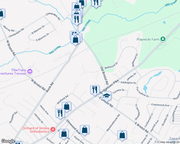 map of restaurants, bars, coffee shops, grocery stores, and more near 14 Bellwood Drive in Holland
