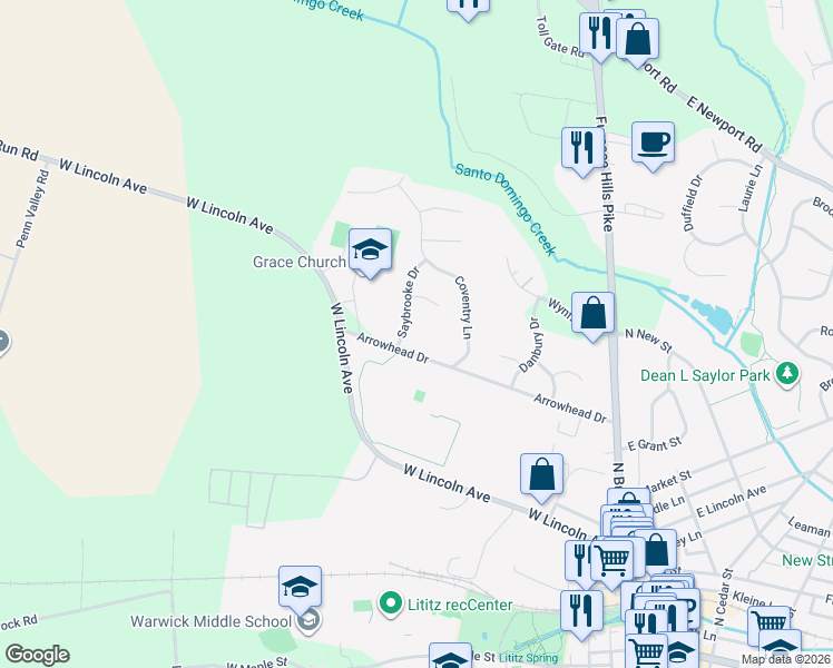 map of restaurants, bars, coffee shops, grocery stores, and more near 115 Saybrooke Drive in Lititz