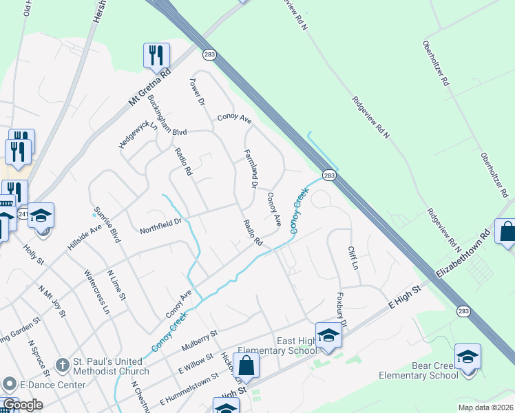 map of restaurants, bars, coffee shops, grocery stores, and more near 299 Northbrooke Drive in Elizabethtown