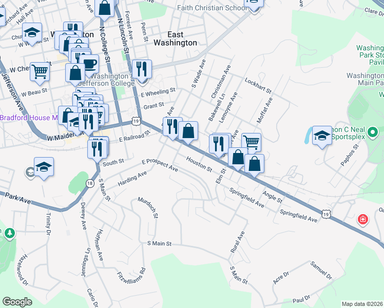 map of restaurants, bars, coffee shops, grocery stores, and more near 357 East Maiden Street in Washington