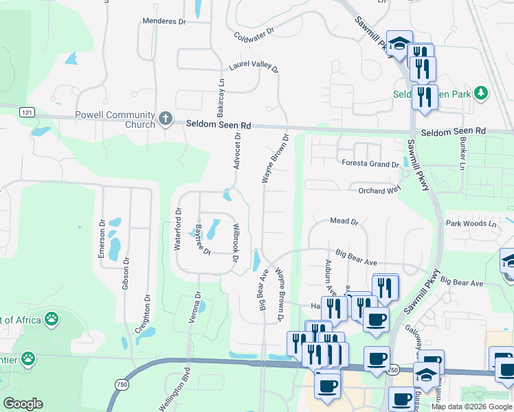 map of restaurants, bars, coffee shops, grocery stores, and more near 9182 Wayne Brown Drive in Powell