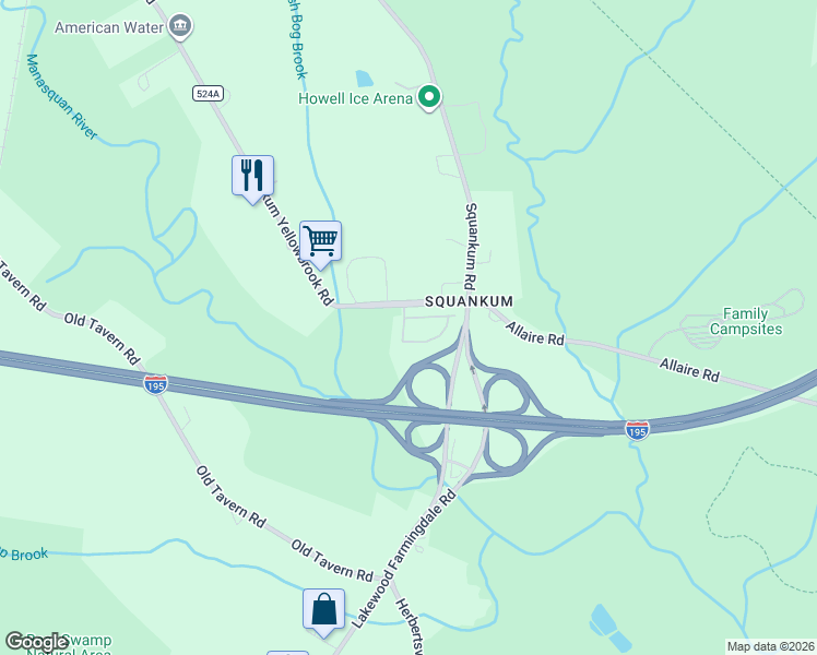 map of restaurants, bars, coffee shops, grocery stores, and more near 21 Abby Road in Tinton Falls