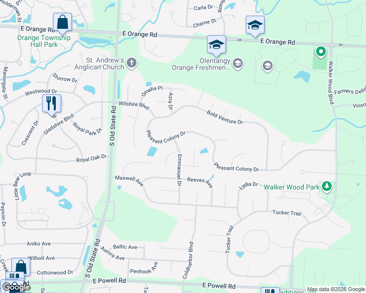 map of restaurants, bars, coffee shops, grocery stores, and more near 2318 Pleasant Colony Drive in Lewis Center