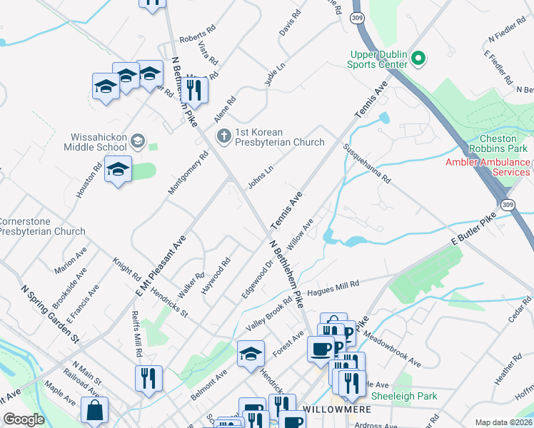 map of restaurants, bars, coffee shops, grocery stores, and more near 316 North Bethlehem Pike in Spring House