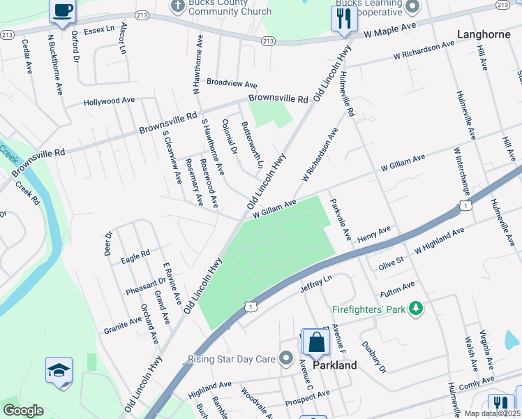 map of restaurants, bars, coffee shops, grocery stores, and more near 1115 West Gillam Avenue in Langhorne