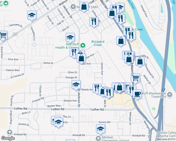 map of restaurants, bars, coffee shops, grocery stores, and more near 775 Lay Avenue in Red Bluff