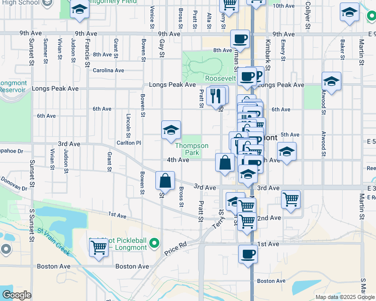map of restaurants, bars, coffee shops, grocery stores, and more near 420 Bross Street in Longmont