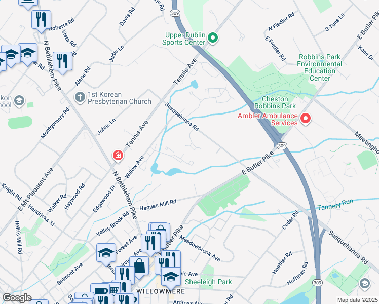 map of restaurants, bars, coffee shops, grocery stores, and more near 315 Gentry Lane in Ambler