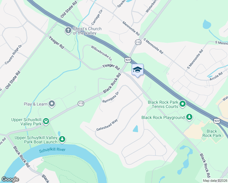 map of restaurants, bars, coffee shops, grocery stores, and more near 114 Ramsgate Drive in Phoenixville