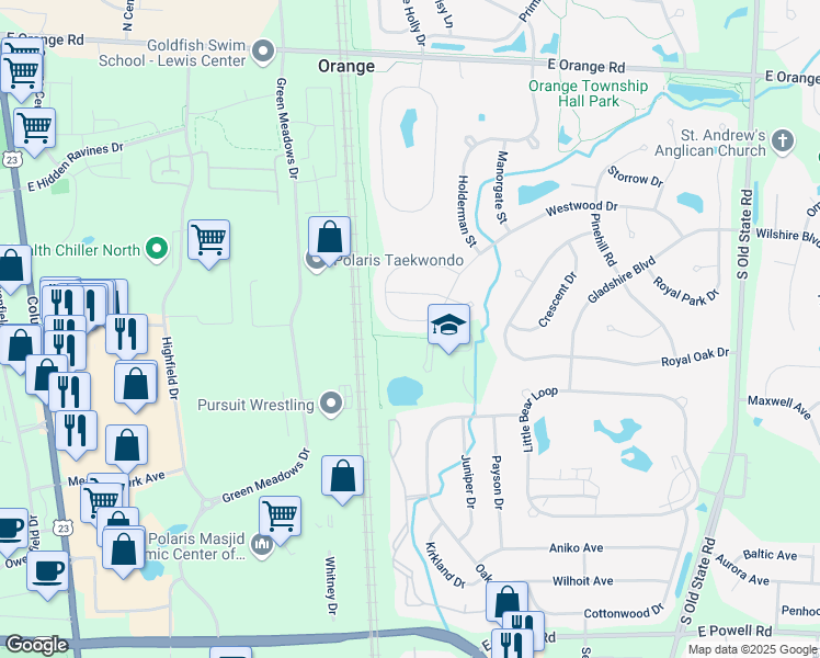 map of restaurants, bars, coffee shops, grocery stores, and more near 1225 Westwood Drive in Lewis Center