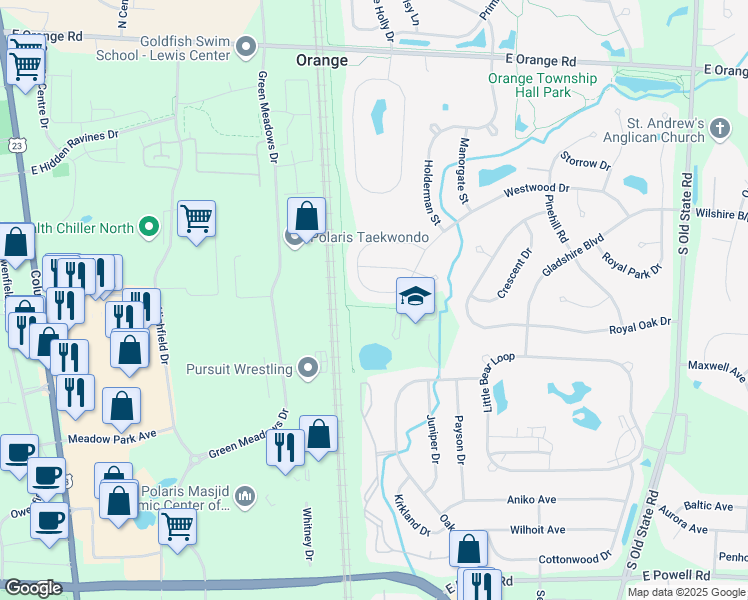 map of restaurants, bars, coffee shops, grocery stores, and more near 1225 Westwood Drive in Lewis Center