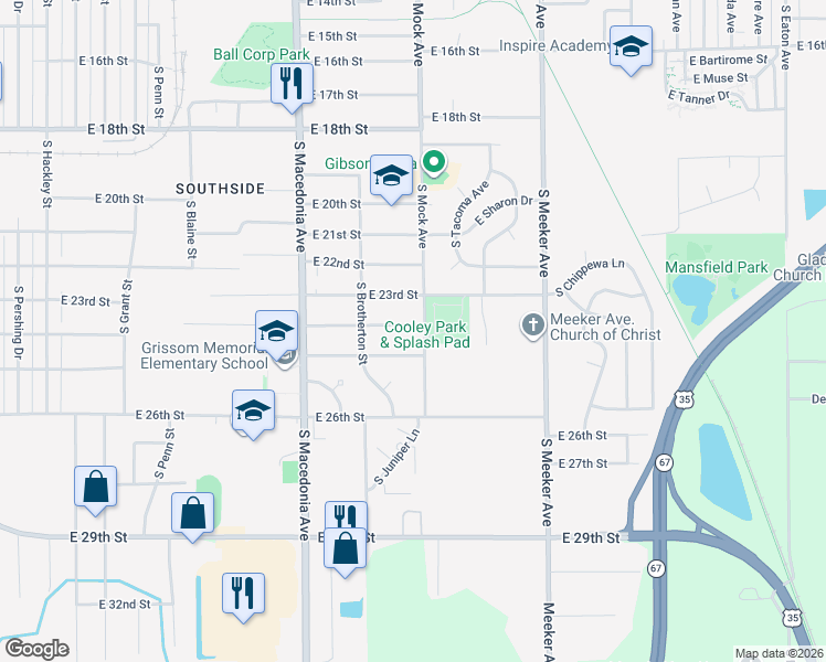 map of restaurants, bars, coffee shops, grocery stores, and more near 2005 East 23rd Street in Muncie