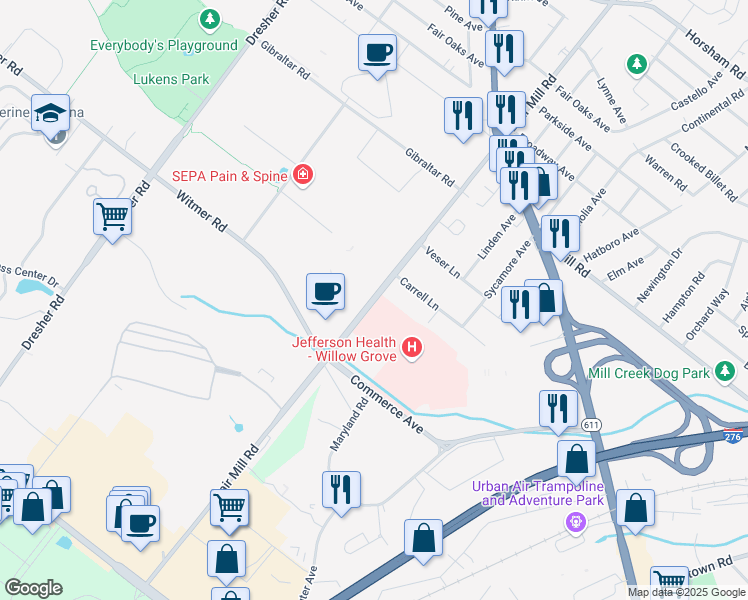 map of restaurants, bars, coffee shops, grocery stores, and more near 2701 Blair Mill Road in Willow Grove
