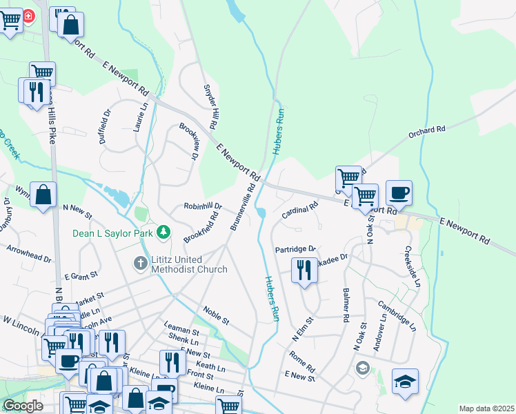 map of restaurants, bars, coffee shops, grocery stores, and more near 671 Brunnerville Road in Lititz