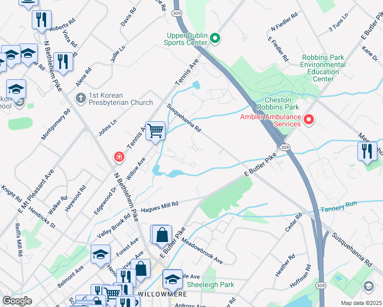 map of restaurants, bars, coffee shops, grocery stores, and more near 315 Gentry Lane in Ambler