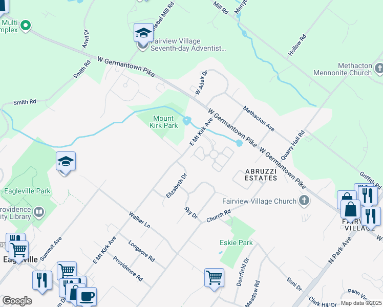 map of restaurants, bars, coffee shops, grocery stores, and more near 45 Bristol Court in Norristown