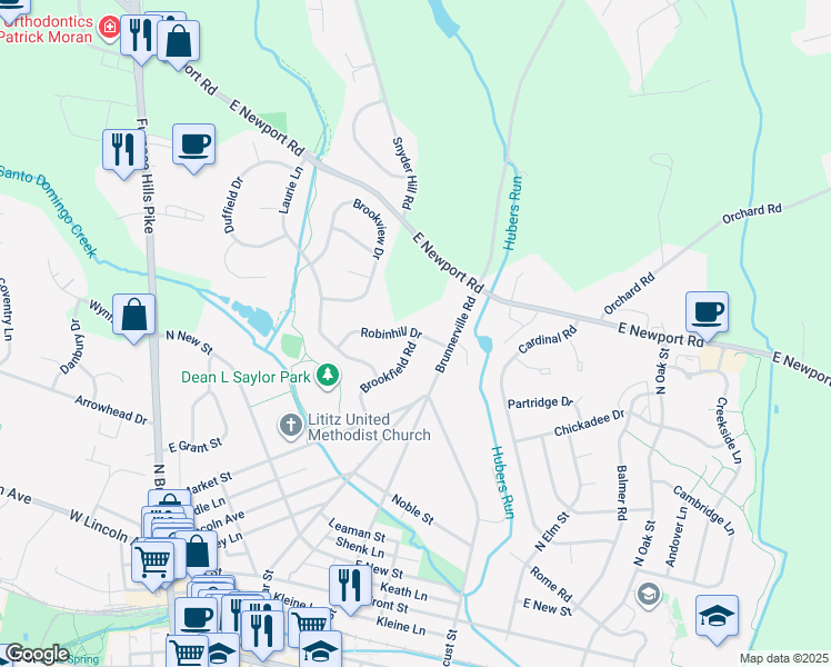 map of restaurants, bars, coffee shops, grocery stores, and more near 55 Robinhill Drive in Lititz