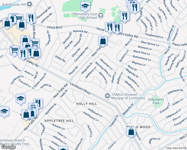 map of restaurants, bars, coffee shops, grocery stores, and more near 28 Marigold Circle in Levittown