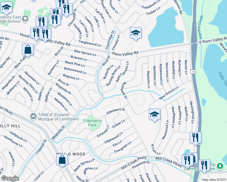 map of restaurants, bars, coffee shops, grocery stores, and more near 22 Bald Cypress Lane in Levittown