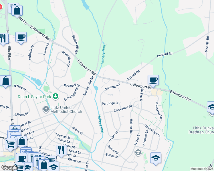map of restaurants, bars, coffee shops, grocery stores, and more near 386 Cardinal Road in Lititz