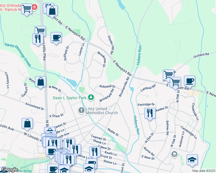 map of restaurants, bars, coffee shops, grocery stores, and more near 74 Robinhill Drive in Lititz