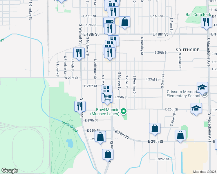 map of restaurants, bars, coffee shops, grocery stores, and more near 3002 South Madison Street in Muncie