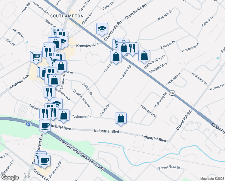 map of restaurants, bars, coffee shops, grocery stores, and more near 548 Kutcher Road in Southampton