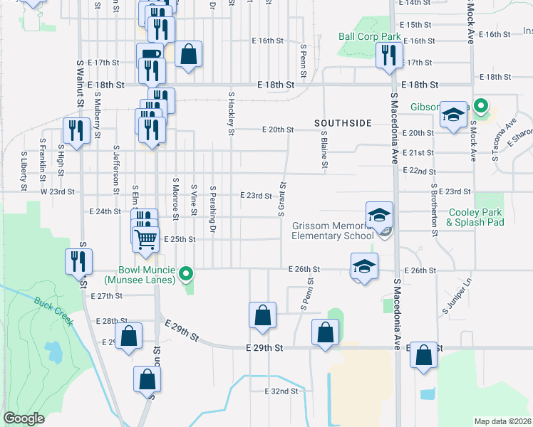 map of restaurants, bars, coffee shops, grocery stores, and more near 1102 East 24th Street in Muncie