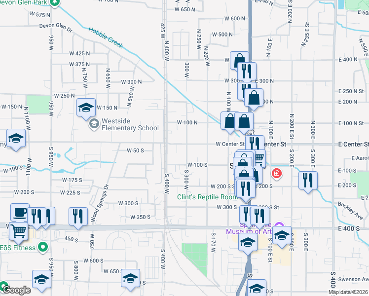 map of restaurants, bars, coffee shops, grocery stores, and more near 310 West Center Street in Springville