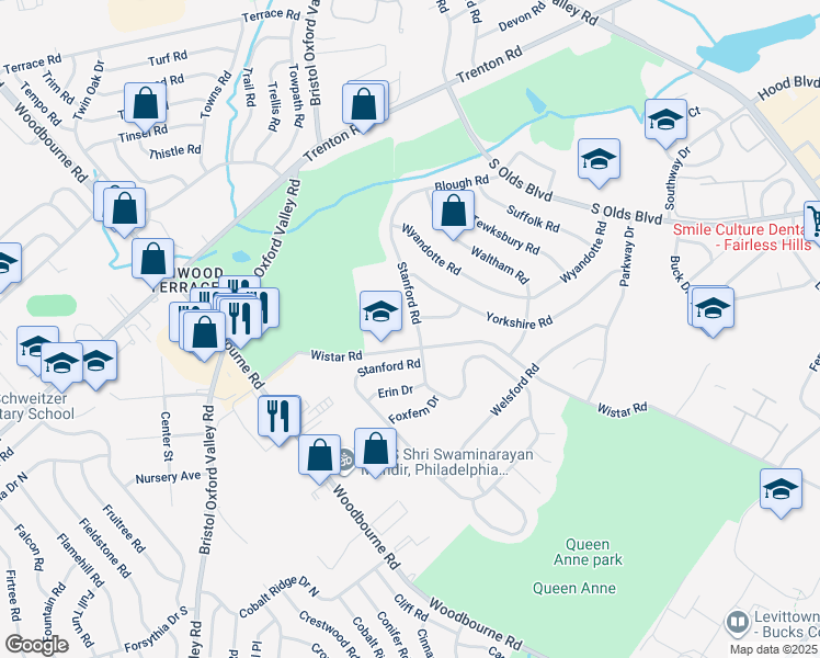 map of restaurants, bars, coffee shops, grocery stores, and more near 233 Stanford Road in Fairless Hills