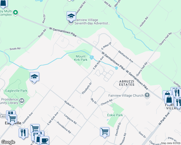 map of restaurants, bars, coffee shops, grocery stores, and more near 323 East Mount Kirk Avenue in Eagleville