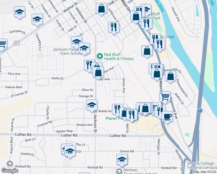 map of restaurants, bars, coffee shops, grocery stores, and more near 319 South Jackson Street in Red Bluff