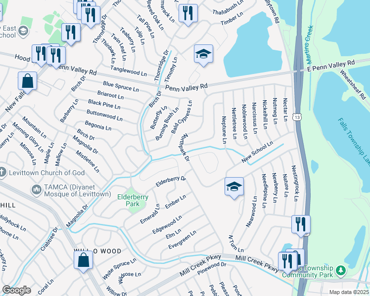 map of restaurants, bars, coffee shops, grocery stores, and more near 172 Northpark Drive in Levittown