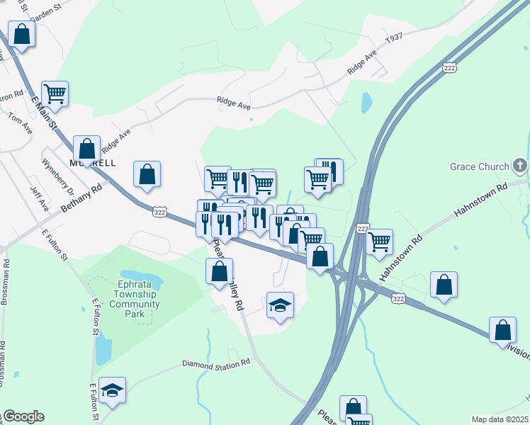 map of restaurants, bars, coffee shops, grocery stores, and more near 850 East Main Street in Ephrata