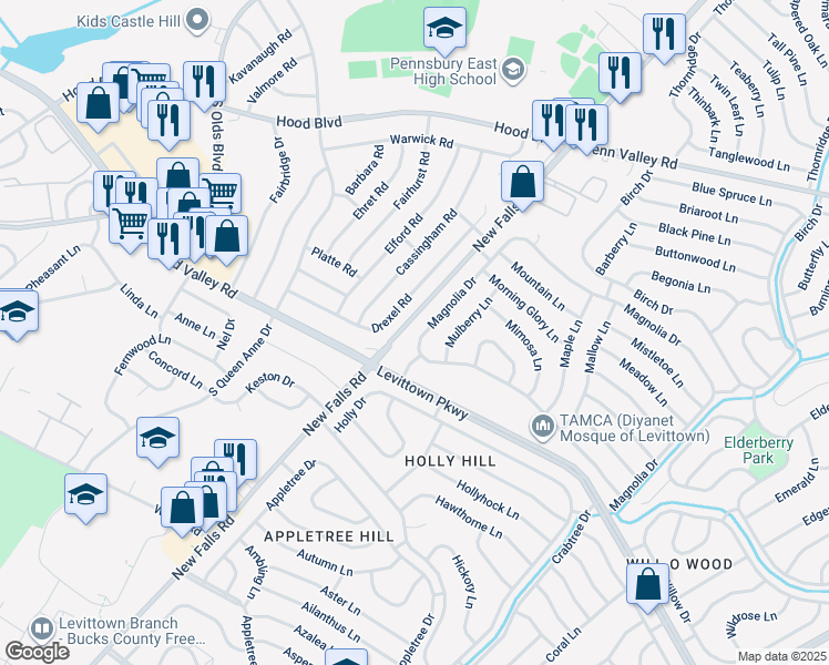 map of restaurants, bars, coffee shops, grocery stores, and more near 290 Magnolia Drive in Levittown