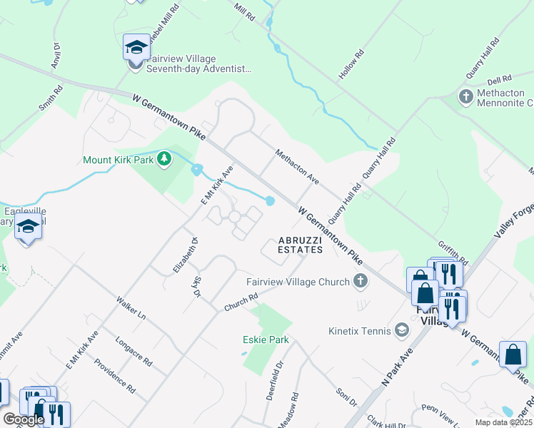 map of restaurants, bars, coffee shops, grocery stores, and more near 37 Essex Court in Norristown