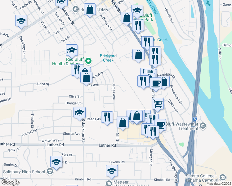 map of restaurants, bars, coffee shops, grocery stores, and more near 341 James Avenue in Red Bluff