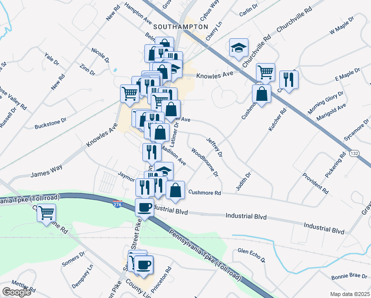 map of restaurants, bars, coffee shops, grocery stores, and more near 952 Woodbourne Drive in Bucks County